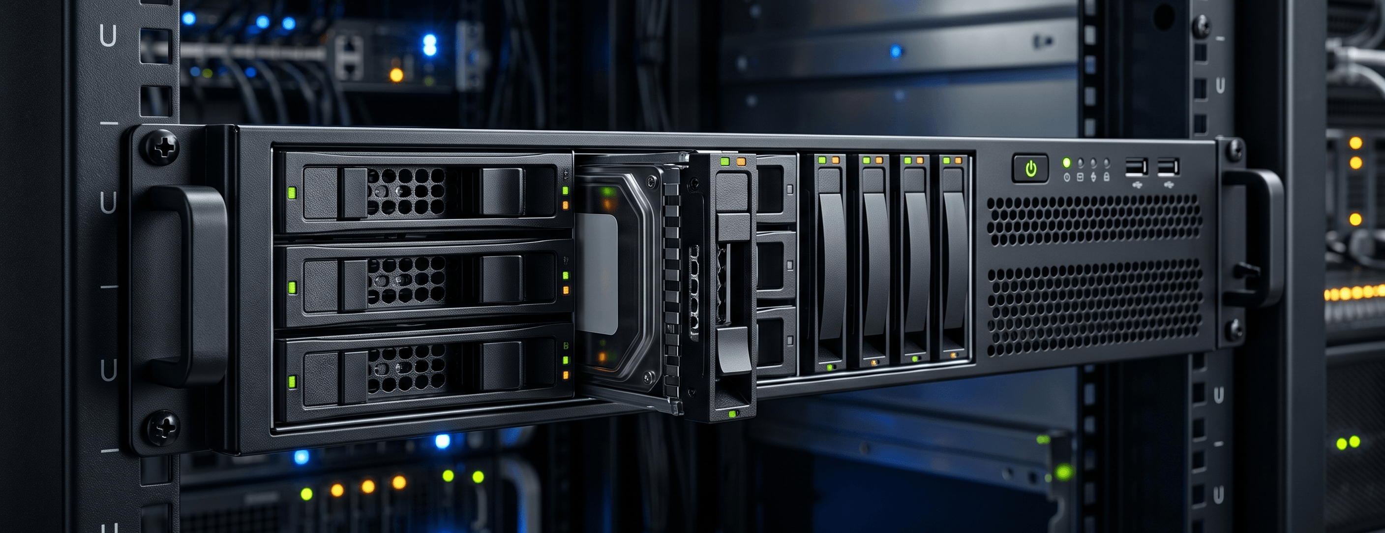 Server RAID array diagram showing multiple hard disk drives configured across RAID levels for redundancy, fault tolerance, and storage performance